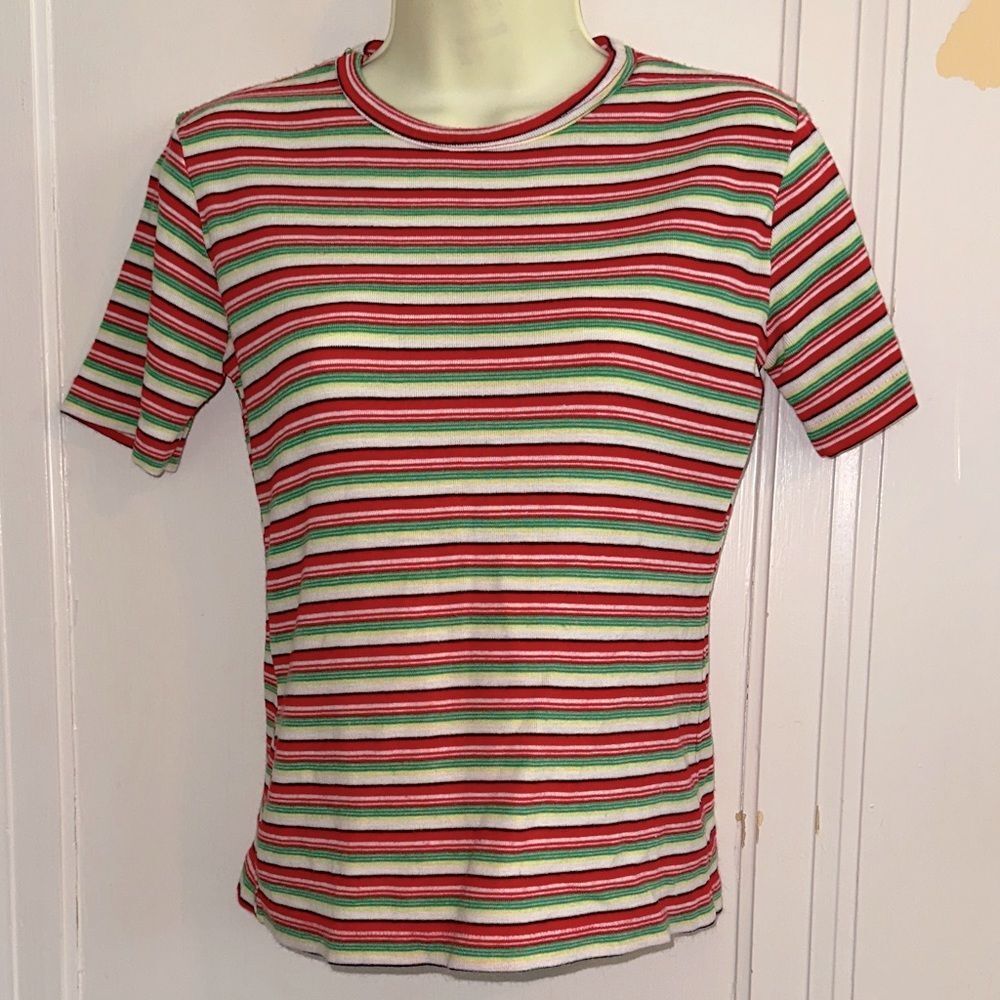 Vtg 70s Adorence Striped Red, Green & Yellow Knit Short Sleeve Acrylic Top